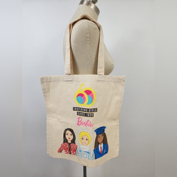 NWOT Barbie Inspiring Women 60 Years Beige Travel Tote Shoulder Bag - Picture 1 of 13